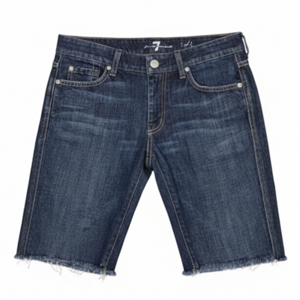 7 For All Mankind "A" Pocket Denim Cut Off Jorts Dark Wash Distressed Size 27